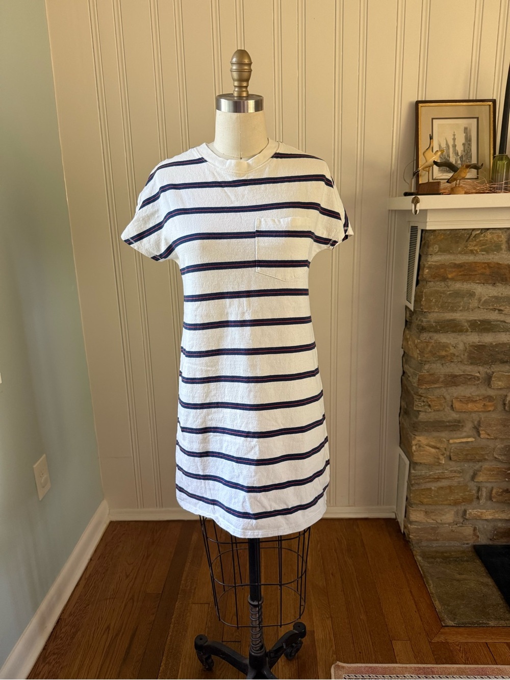Madewell White Striped T Shirt Dress with Navy & Red Accent